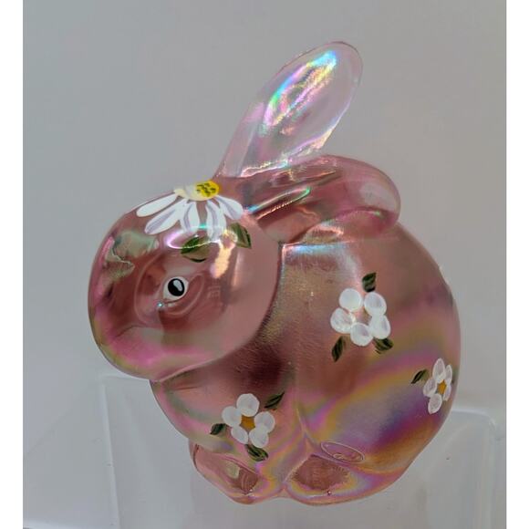 Fenton Signed Hand Painted Floral Pink Opalescent Glass Bunny Rabbit Figurine - Picture 2 of 8